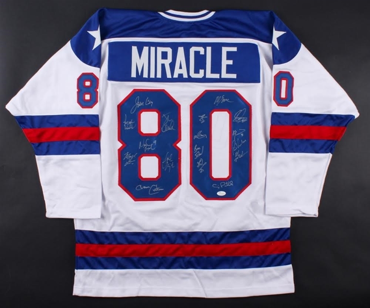 1980 Team USA Multi-Signed "Miracle on Ice" Jersey Signed by (17) with Mike Eruzione, Buzz Schneider, Mark Wells, Neal Broten (JSA COA)