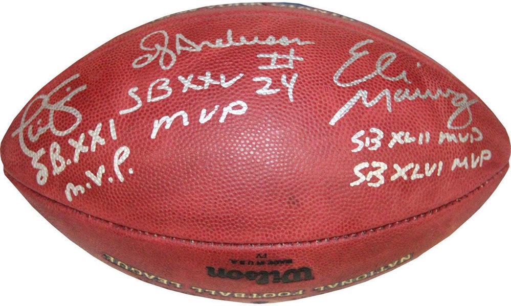 New York Giants Super Bowl MVP’s Signed New York Giants 4x Champs Football (Eli Manning, Phil Simms, OJ Anderson) w/ SB MVP’s Insc.