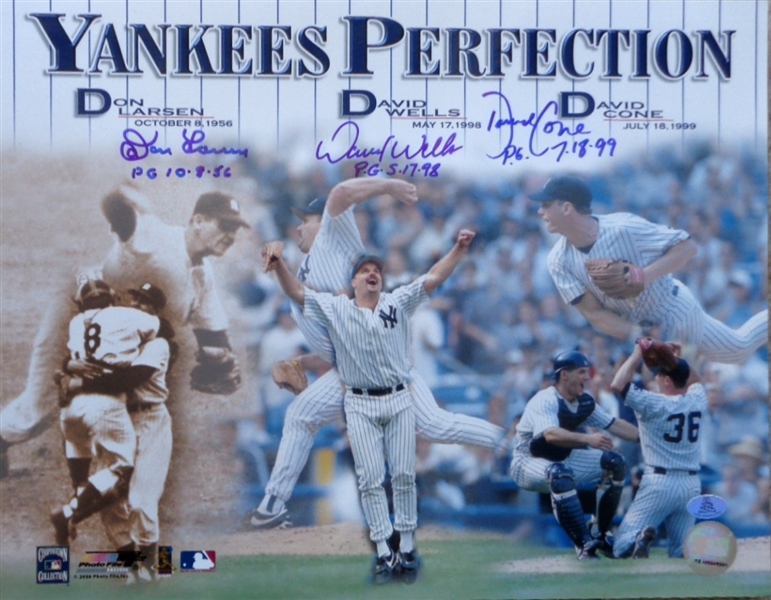 PERFECTION: Larsen, Wells & Cone Signed 11x14 Collage Photo. The only 3 Yankee pitchers to throw perfect games NR!