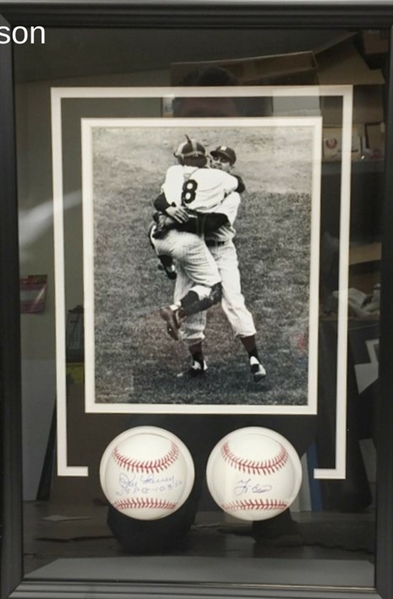 The Only World Series Perfect Game! Larsen & Berra Signed Baseballs w/Famous Photo in a Shadow Box Frame
