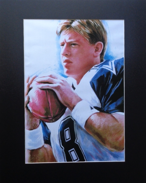 Dallas Cowboys Star Quarterback Troy Aikman Fine Art Print by Wang Haiyan Matted & Ready to Frame No Reserve