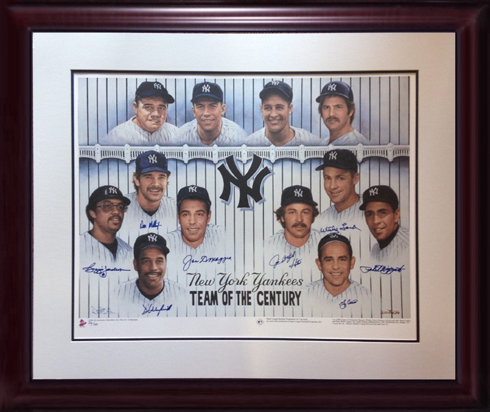 NY Yankees "Team Of The Century"  signed 27x36" framed litho. 9 auto Joe DiMaggio Berra COA /139