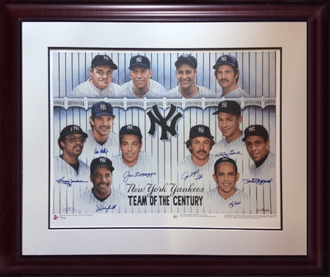 NY Yankees "Team Of The Century"  signed 27x36" framed litho. 9 auto Joe DiMaggio Berra COA /139