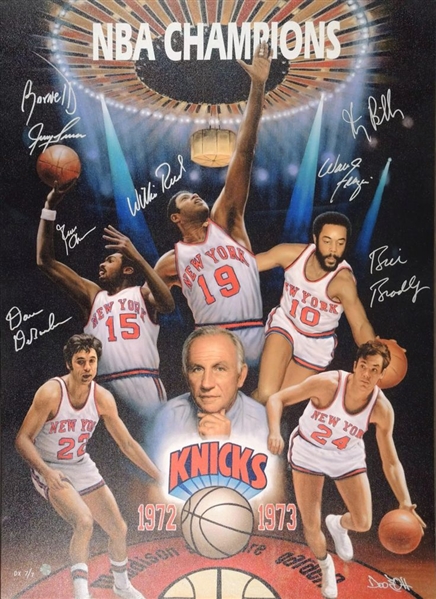 1972-73 NY Knicks NBA Champions Team Signed Framed Art Giclee by Artist Doo S Oh Sold Out Limited Edition