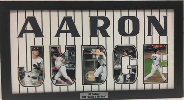 Aaron Judge Yankees 2017 Rookie of the Year Framed Cut Out Letters with Action Photos in them