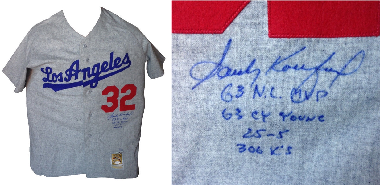 Sandy Koufax signed Dodgers CY 63 & MVP Stat Auth. jersey. JSA LOA LE /32