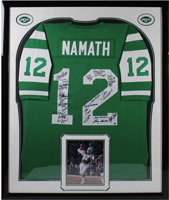 1969 New York Jets Elite Framed Team Signed Green Joe Namath Mitchell & Ness Jersey (24 Signatures)