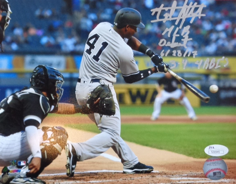 Yankees Young Star Miguel Andujar Signed 8x10 Photo with First Hit Inscription (read) JSA COA No Reserve