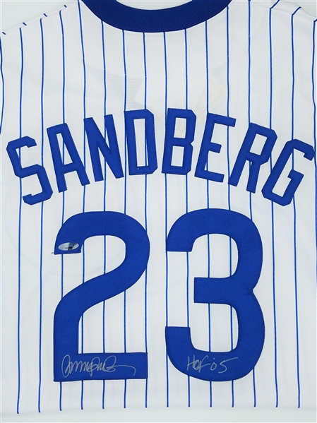 Ryne Sandberg Signed w/HOF Inscription "HOF 05" White Chicago Cubs Custom Pinstripe Jersey TriStar Authenticated
