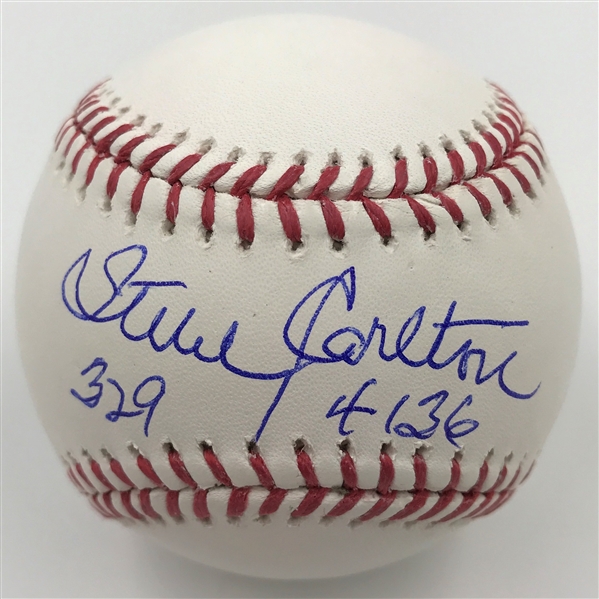 Steve "Lefty" Carlton Signed OML Baseball with inscription 329 / 4136 MLB Authentication 