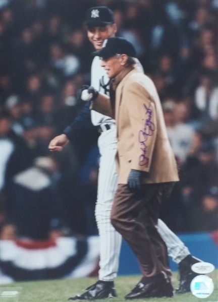PHIL RIZZUTO SIGNED 11x14 PHOTO WITH DEREK JETER 1999 PLAYOFF 1ST PITCH JSA COA NO RESERVE