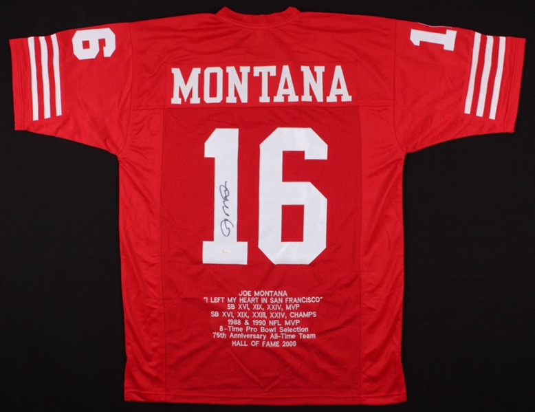 Joe Montana 49ers Signed Career Stats Jersey (Letters and #s are Sewn On) JSA COA No Reserve