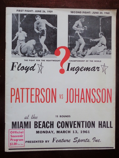 FLOYD PATTERSON VS INGEMAR JOHANSSON FIGHT #3 ORIGINAL PROGRAM FROM 1961 No Reserve