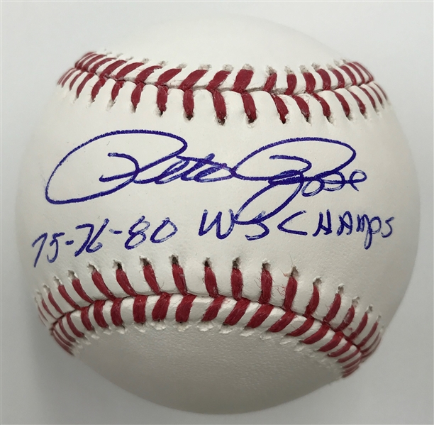 Pete Rose Signed OML Baseball with Inscription "75-76-80 WS Champs" MLB Certified 