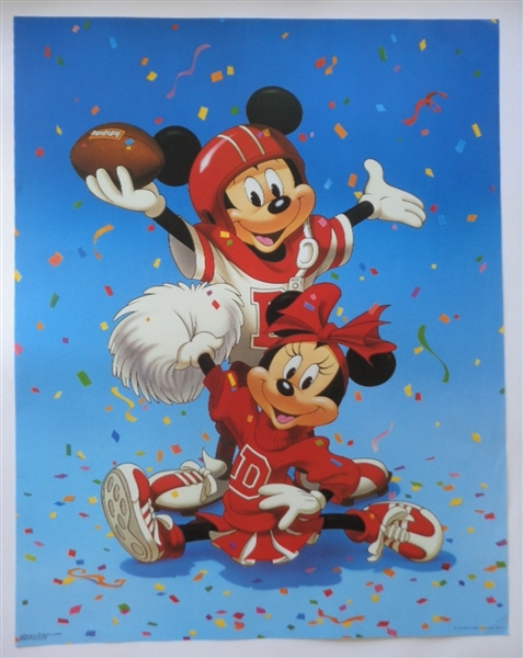 RARE! VINTAGE DISNEY MICKEY and MINNIE MOUSE FOOTBALL CHEERLEADERS POSTER No Reserve