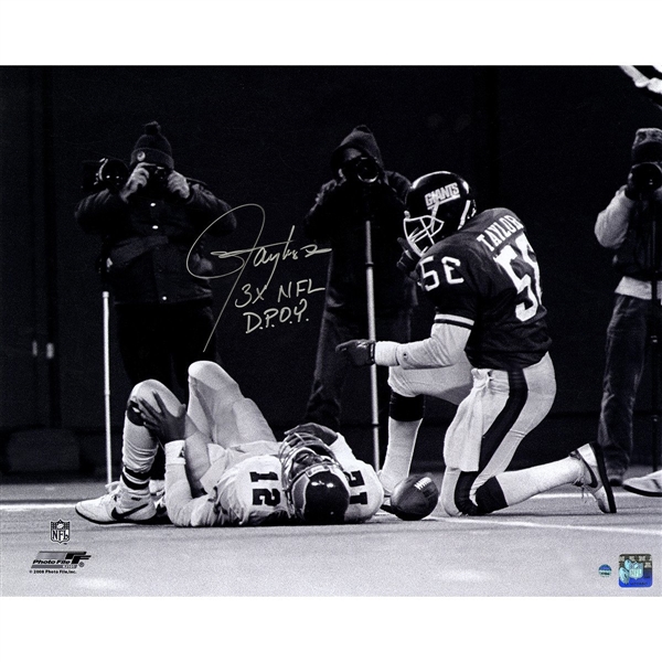 Lawrence Taylor Sack over Randall Cunningham Horizontal B&W 16x20 Photo w/ "3x NFL D.POY" Insc