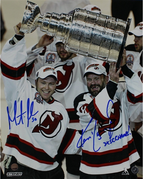 Ken Daneyko/ Martin Brodeur Dual Signed Raising the Cup 8x10 Photo w/ "3x SC Champs" Insc By Daneyko