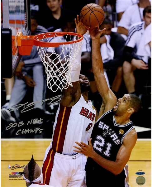 LeBron James 2013 Finals Blocking Duncan Signed Vertical 16x20 Photo w/ "2013 NBA Champ" LE25 (UDA)