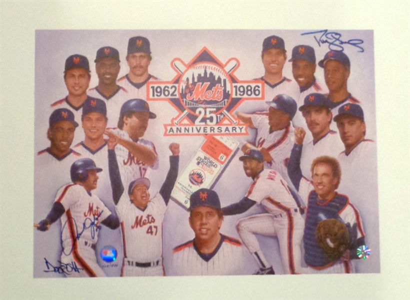 1986 NY Mets Fine Art Lithograph "25 Year Anniversary" & WS Celebration Signed by Johnson & Strawberry 
