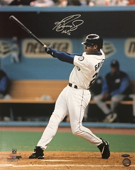 Ken Griffey Jr. Autographed Mariners Swinging Bat 16x20 Photo with HOF 16 Inscription MLB Authenticated