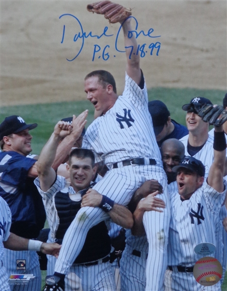 David Cone Signed 8x10 Perfect Game Celebration Photo w/PG 7-18-99 Inscription WYWHP Certified No Reserve