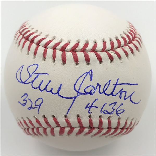 Steve Carlton autographed  MLB baseball inscribed 329 (Wins) and 4136 (Ks) MLB Authenticated