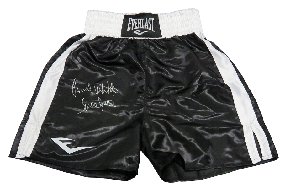 Pernell Whitaker Signed Everlast Black Boxing Trunks w/Sweet Pea