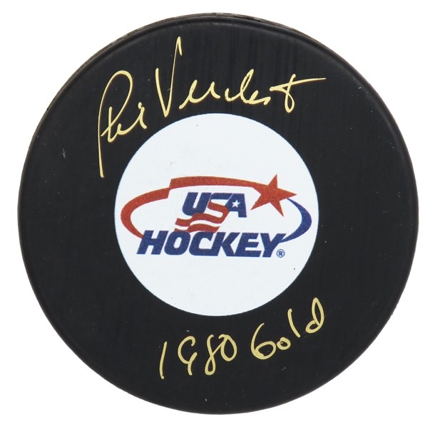 Phil Verchota Signed USA Hockey Logo Hockey Puck w/1980 Gold