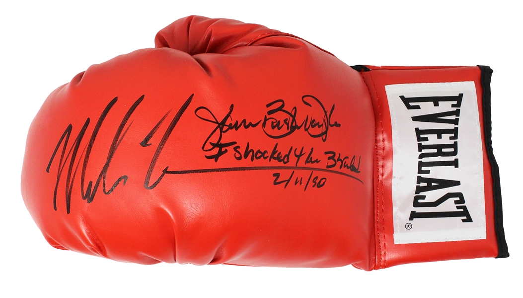 Mike Tyson & James Buster Douglas Dual Signed Everlast Red Boxing Glove w/I Shocked The World 2-11-90