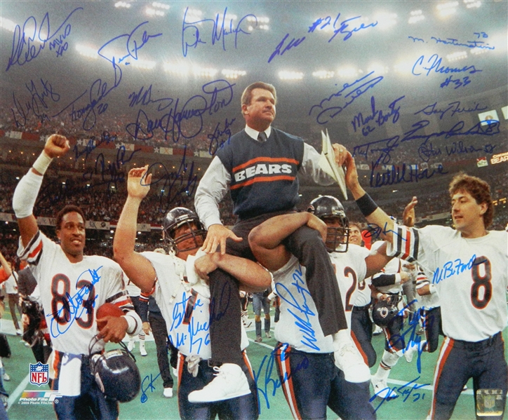 1985 Chicago Bears Team Signed Super Bowl XX Ditka Carried Off Field 16x20 Photo (31 Sigs)