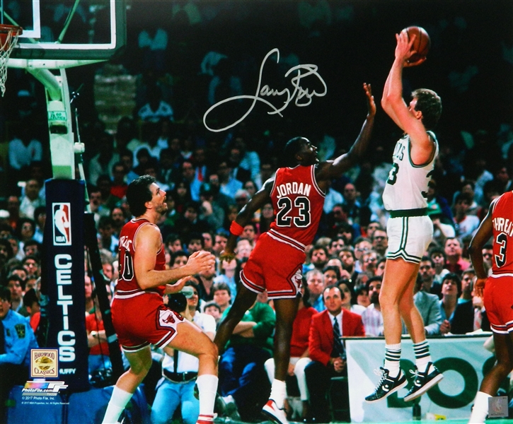 Larry Bird Signed Boston Celtics Shooting Over Michael Jordan 16x20 Photo