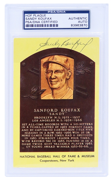 Sandy Koufax Signed National Baseball Hall of Fame Plaque Card 