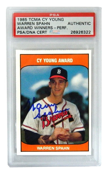 Warren Spahn Signed Braves 1985 TCMA Cy Young Trading Card - (PSA Encapsulated)