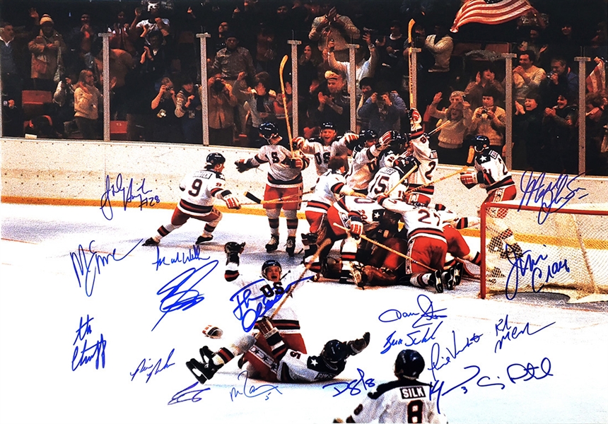 1980 USA Olympic Hockey Team Signed Miracle On Ice Celebration 16x20 Photo - (18 - Signatures)