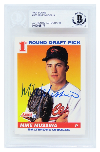 Mike Mussina Signed Baltimore Orioles 1991 Score Rookie Baseball Card #383 - (Beckett Encapsulated) 