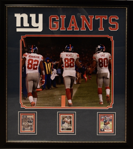 New York Giants Card Collage Signed By Mario Manningham, Victor Cruz, Hakeem Nicks Framed