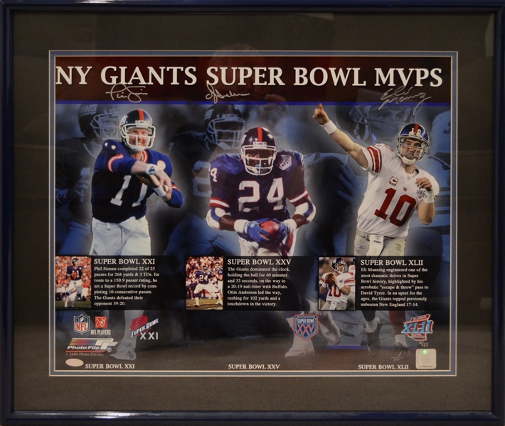 New York Giants Super Bowl MVPS Signed By Phil Simms,Otis Anderson, Eli Manning Limited Edition 11/27 Collage Framed