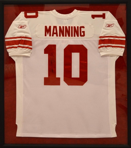 New York Giants Eli Manning Signed White Jersey Framed 