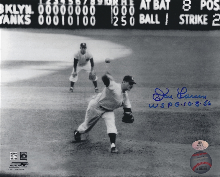 New York Yankees Pitcher Don Larsen Signed B/W 8x10 Scoreboard Photo With Inscription WS PG 10-8-56 