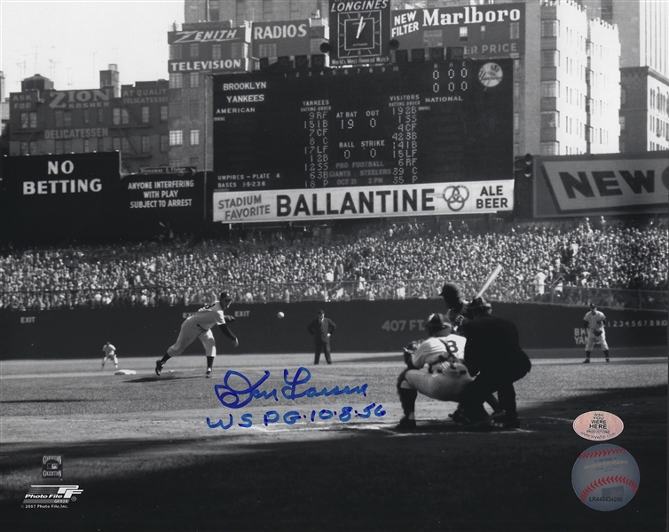 New York Yankees Don Larsen Signed B/W 8x10 Ballantine Photo With WS PG 10-8-56 Inscription 