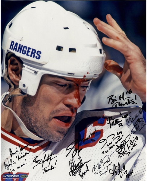 1994 New York Rangers Multi Signed and Inscribed Mark Messier Blood 16x20 Metallic Photo (Signed in Black) (12 Sigs)