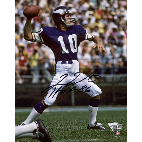 Fran Tarkenton Minnesota Vikings Autographed 8" x 10" Purple Throwing Photograph with "HOF 86" Inscription