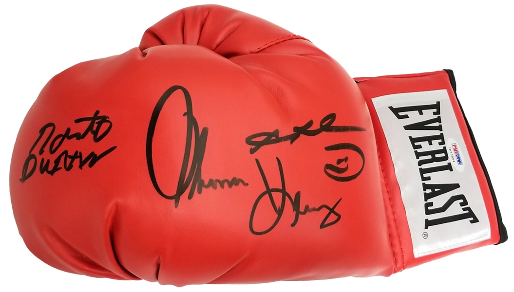 Sugar Ray Leonard, Roberto Duran and Thomas Hearns Signed Everlast Red Boxing Glove