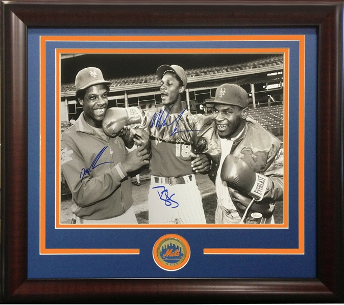 New York Mets Darryl Strawberry, Doc Gooden And Boxer Mike Tyson Triple Signed 16x20 Photo Framed
