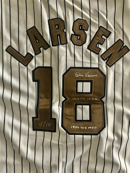 DENVER BEARS DON LARSEN SIGNED LIMITED EDITION 9/18 "RARE" JERSEY WITH PG 10-8-56 & 1956 WS MVP INSCRIPTION 
