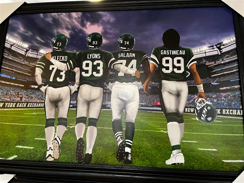NEW YORK JETS SACK EXCHANGE UNSIGNED COLLAGE ON CANVAS FRAMED 38"X27"