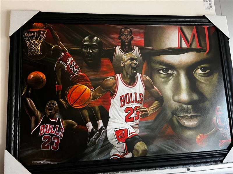 CHICAGO BULLS MICHEAL JORDAN UNSIGNED FRAMED COLLAGE ON CANVAS 38"X27"
