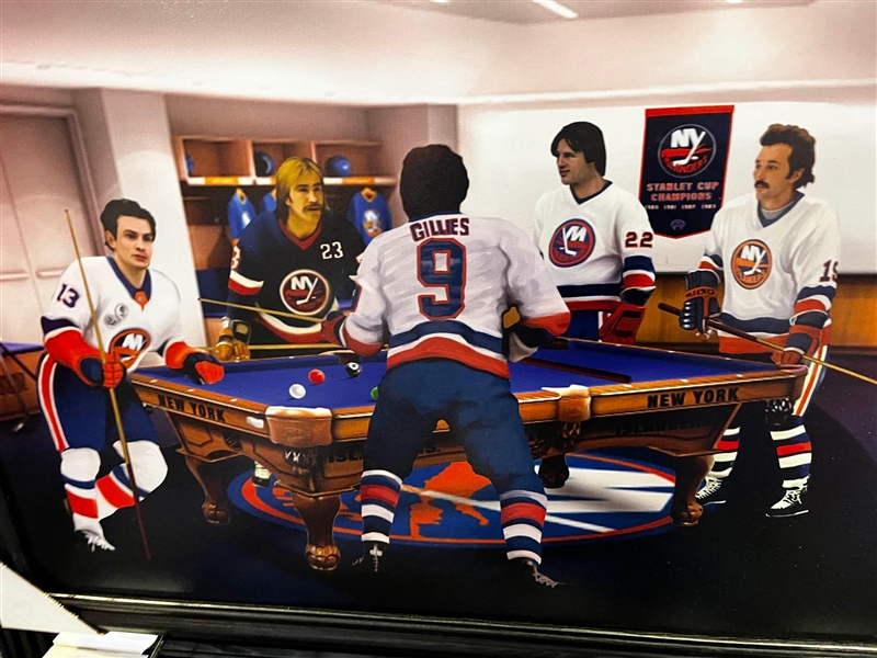 NEW YORK ISLANDERS UNSIGNED POOL TABLE LOCKER ROOM FRAMED COLLAGE ON CANVAS 38"X27"