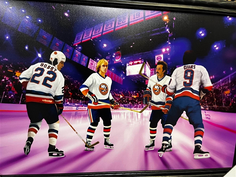 1980s NEW YORK ISLANDERS UNSIGNED COLLAGE ON CANVAS FRAMED 38"X27"