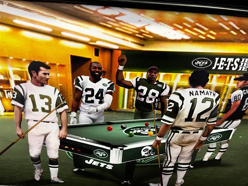 NEW YORK JETS LOCKER ROOM POOL TABLE UNSIGNED COLLAGE ON CANVAS FRAMED 38"X27"